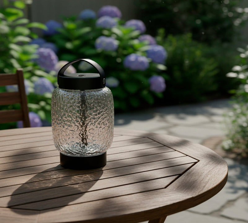 Cassius Cordless LED Table Lamp in Clear Texture Glass, Black Finsh, Black Leather