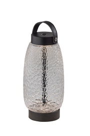 Cassius Tall Cordless LED Table Lamp in Clear Texture Glass, Black Finsh, Black Leather