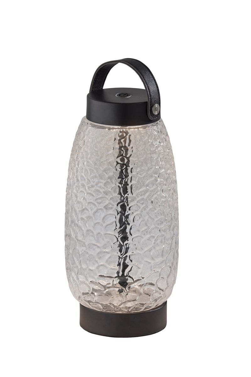 Cassius Tall Cordless LED Table Lamp in Clear Texture Glass, Black Finsh, Black Leather