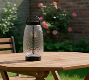 Cassius Tall Cordless LED Table Lamp in Clear Texture Glass, Black Finsh, Black Leather