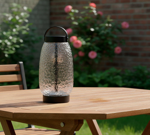 Cassius Tall Cordless LED Table Lamp in Clear Texture Glass, Black Finsh, Black Leather