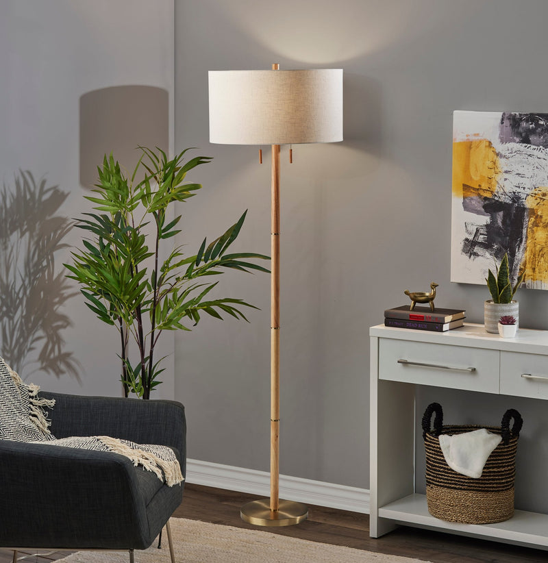Madeline 2-Light Floor Lamp in Natural Rubberwood & Antique Brass