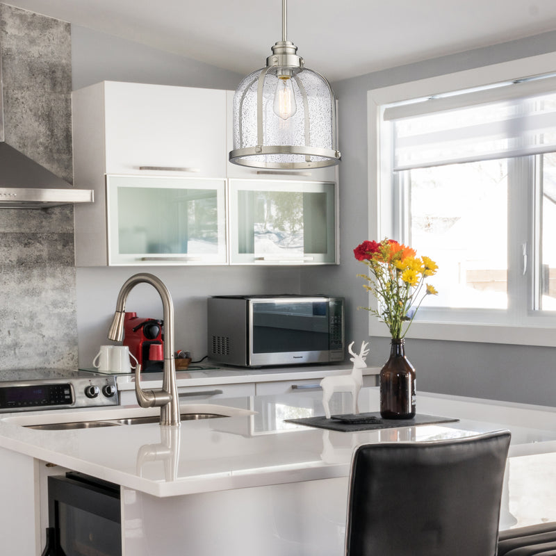 Burren 1 Light 12.25" Pendant in Brushed Nickel in a room setting