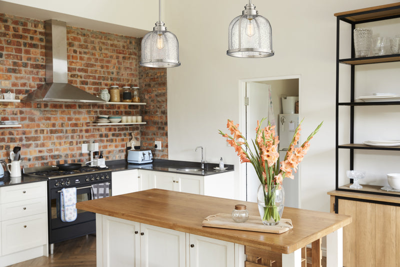 Burren 1 Light 12.25" Pendant in Brushed Nickel in a room setting