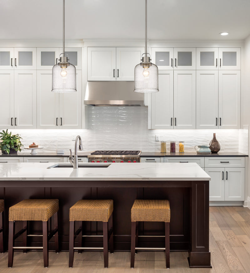 Kinsley 1 Light 8" Pendant in Brushed Nickel in a room setting