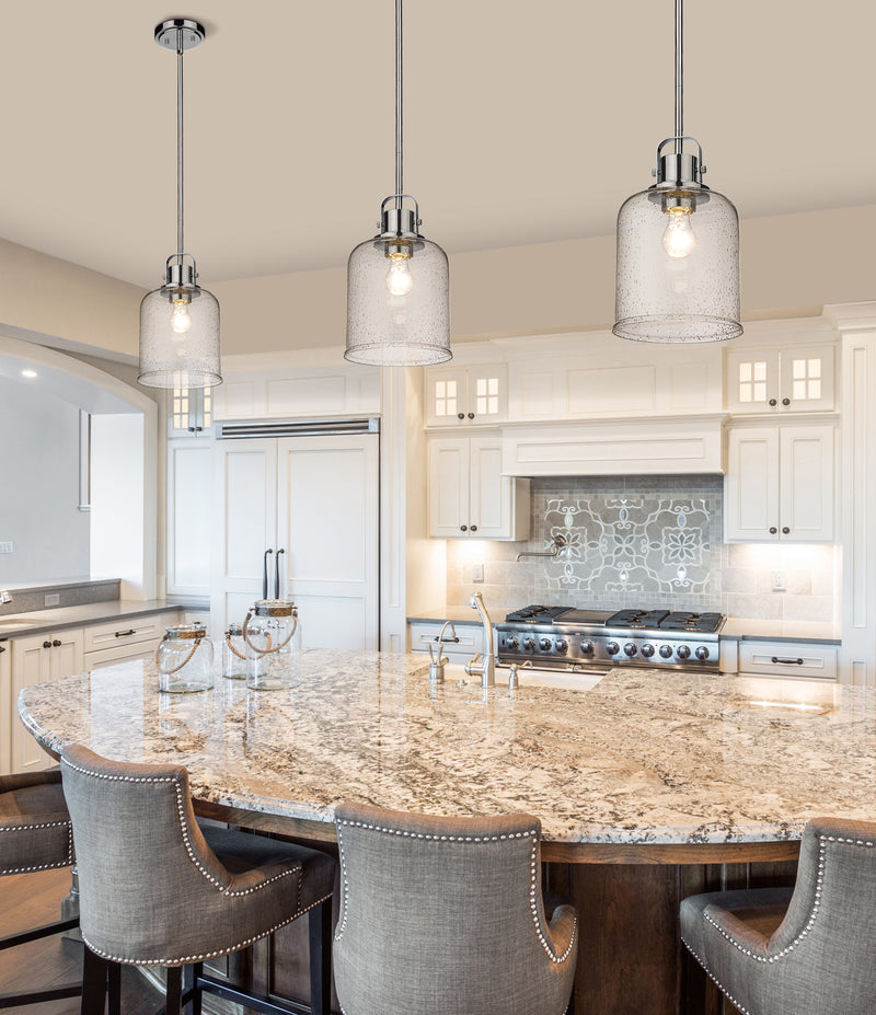 Kinsley 1 Light 8" Pendant in Chrome in a room setting
