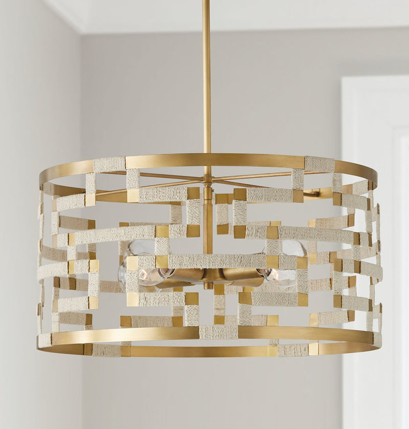 Hala Large 4-Light Pendant in Bleached Natural Jute and Patinaed Brass