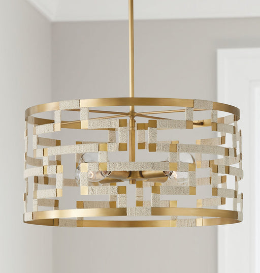 Hala Large 4-Light Pendant in Bleached Natural Jute and Patinaed Brass