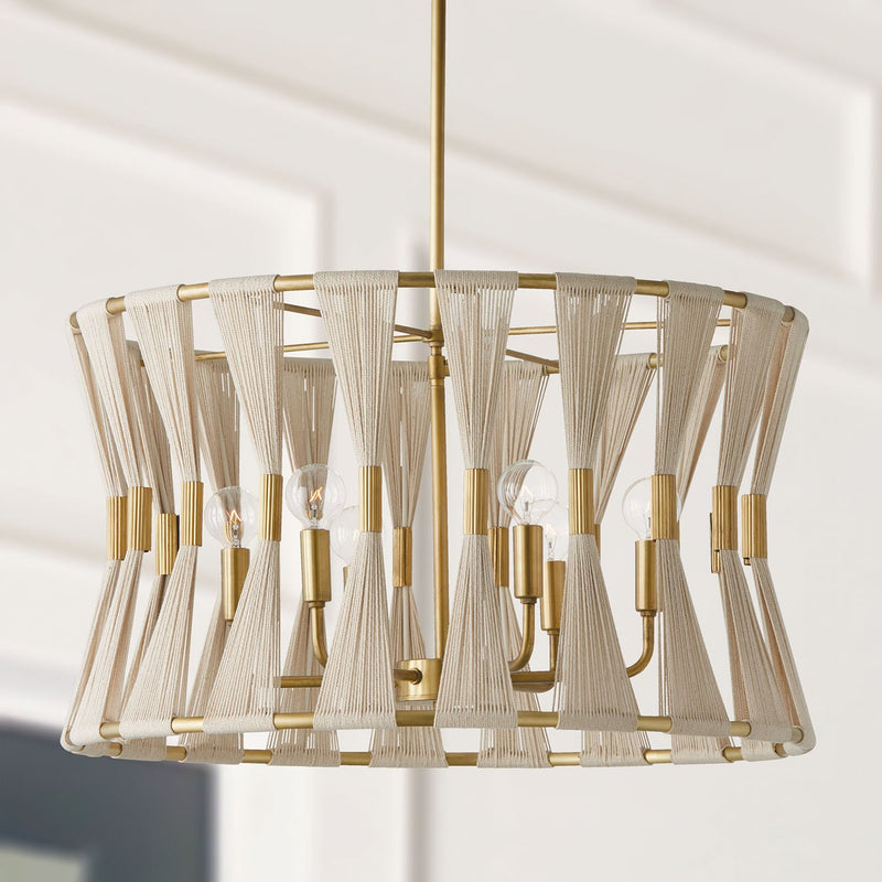 Bianca 6-Light Pendant in Bleached Natural Rope and Patinaed Brass