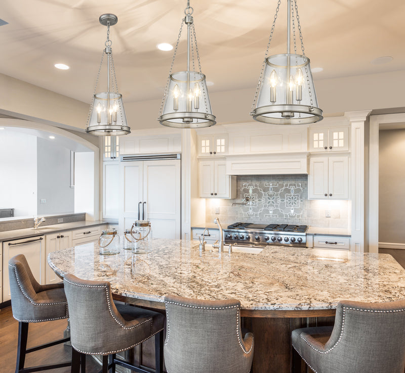 Prescott 3 Light 12" Pendant in Brushed Nickel in a room setting