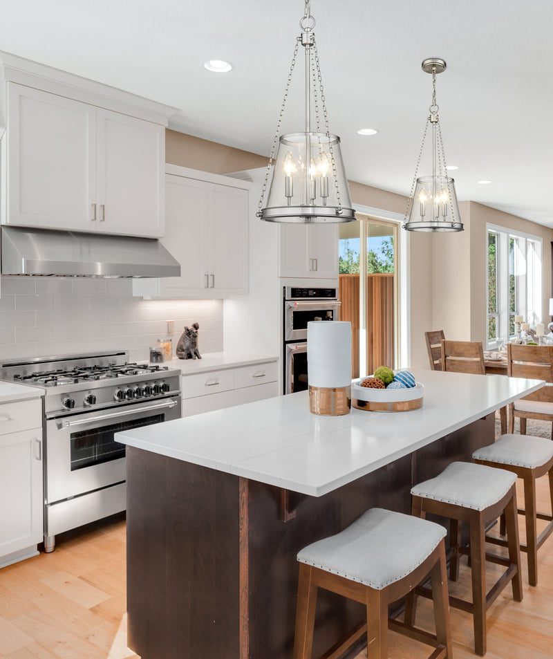Prescott 3 Light 12" Pendant in Brushed Nickel in a room setting