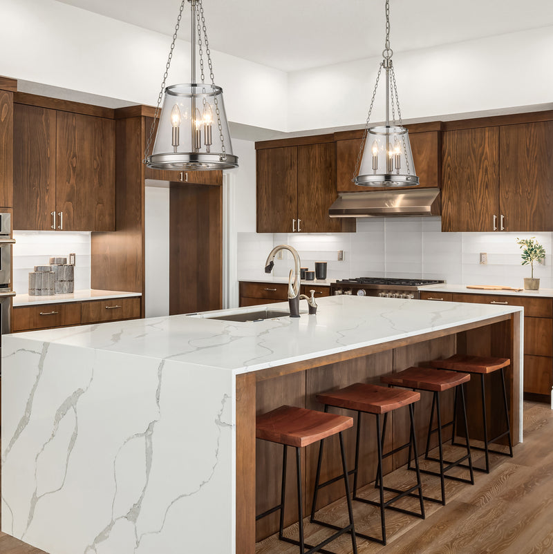 Prescott 3 Light 12" Pendant in Polished Nickel in a room setting