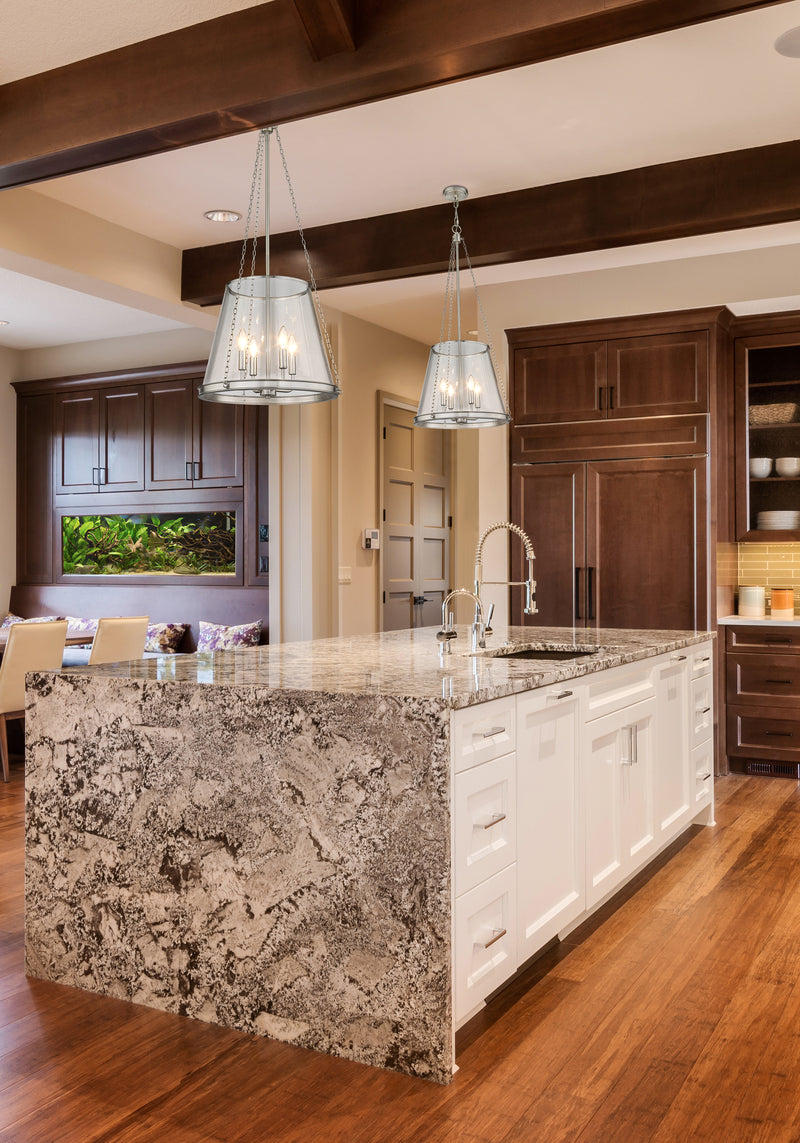 Prescott 4 Light 18" Pendant in Brushed Nickel in a room setting