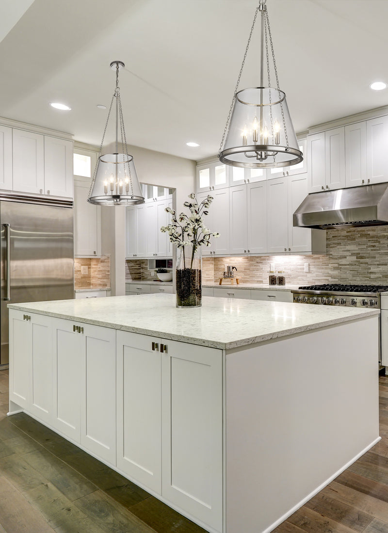 Prescott 4 Light 18" Pendant in Polished Nickel in a room setting