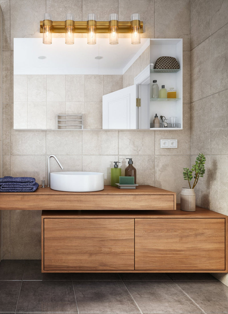 Lawson 5 Light 38" Vanity in Rubbed Brass in a room setting