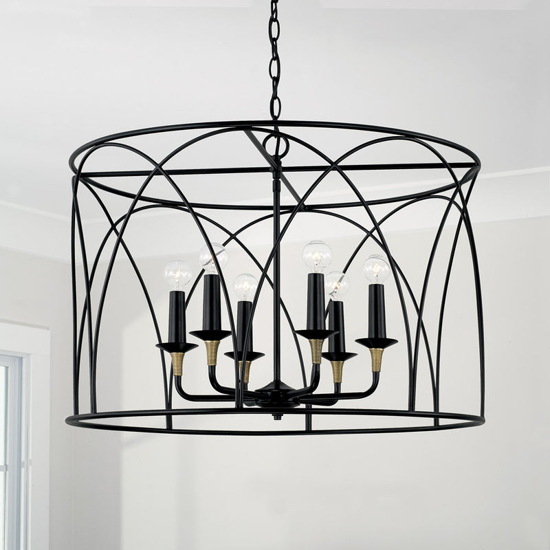 Amara 6-Light Cage Chandelier in Matte Black with Brass