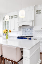Weston 3 Light 13" Pendant, White Linen Shade in Brushed Nickel in a room setting