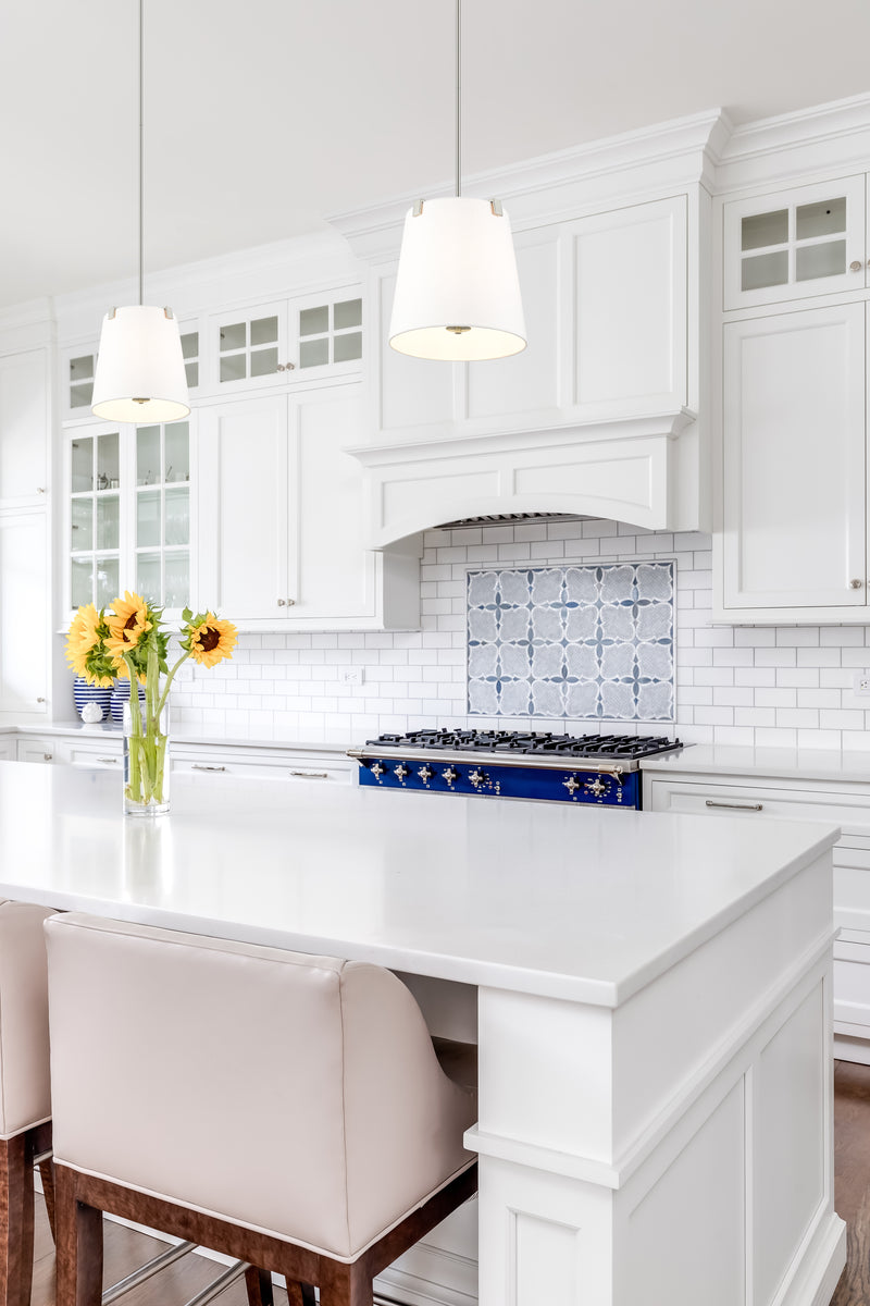 Weston 3 Light 13" Pendant, White Linen Shade in Brushed Nickel in a room setting