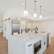 Weston 3 Light 13" Pendant, White Linen Shade in Matte Black in a room setting