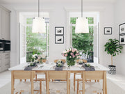 Weston 5 Light 18" Pendant, White Linen Shade in Matte Black in a room setting