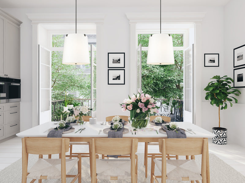 Weston 5 Light 18" Pendant, White Linen Shade in Matte Black in a room setting
