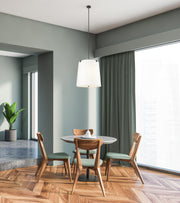 Weston 5 Light 18" Pendant, White Linen Shade in Matte Black in a room setting