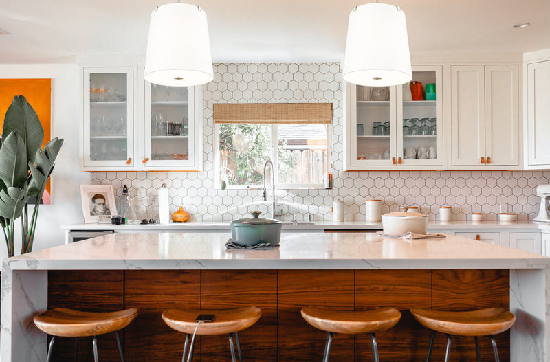 Weston 6 Light 24" Pendant, White Linen Shade in Brushed Nickel in a room setting