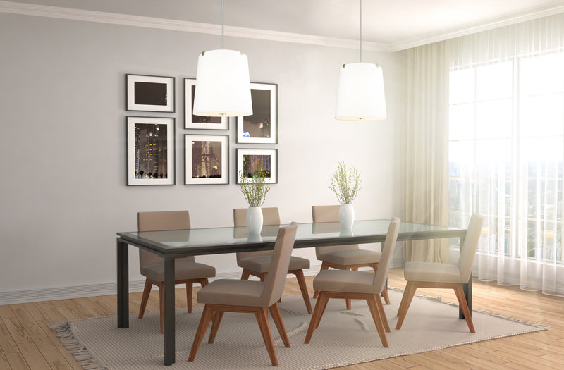 Weston 6 Light 24" Pendant, White Linen Shade in Brushed Nickel in a room setting