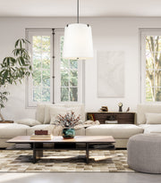 Weston 6 Light 24" Pendant, White Linen Shade in Matte Black in a room setting