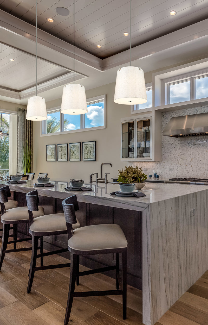 Weston 5 Light 18" Pendant, Cream Shade in Brushed Nickel in a room setting