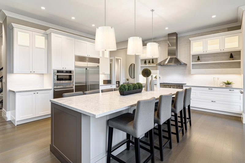 Weston 5 Light 18" Pendant, Cream Shade in Brushed Nickel in a room setting