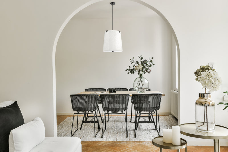Weston 5 Light 18" Pendant, Cream Shade in Matte Black in a room setting