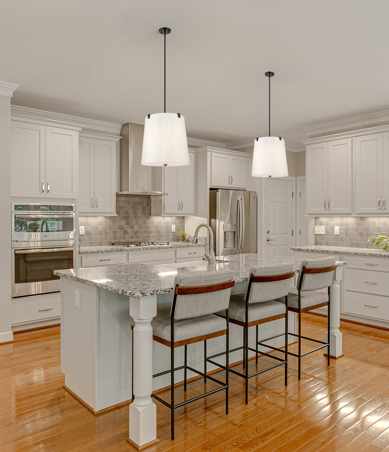 Weston 5 Light 18" Pendant, Cream Shade in Matte Black in a room setting
