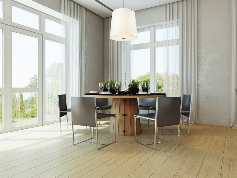 Weston 6 Light 24" Pendant, Cream Shade in Brushed Nickel in a room setting
