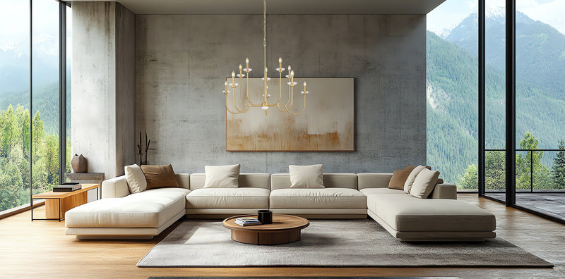Allistair 10 Light 42" Chandelier in Modern Gold in a room setting