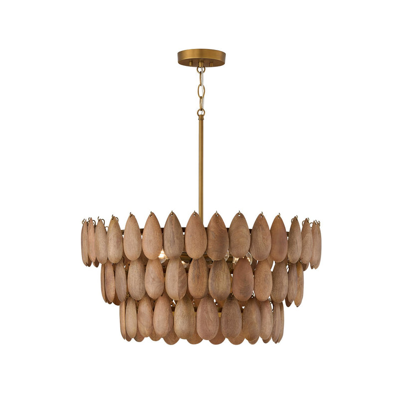 Ravi 4-Light 25" Pendant in Light Wood and Patinaed Brass