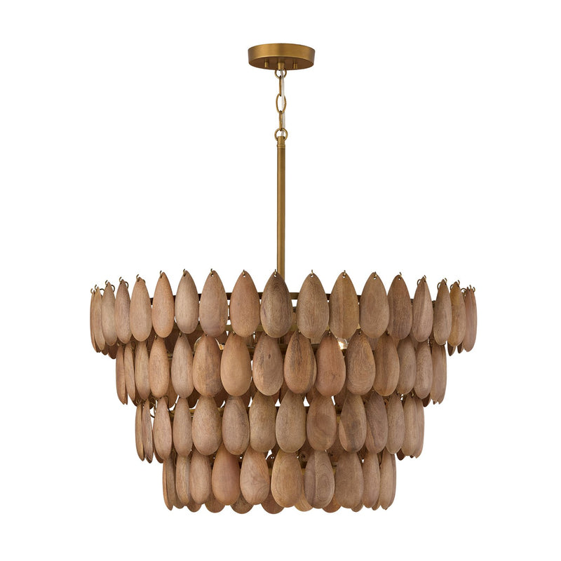Ravi 4-Light 29" Pendant in Light Wood and Patinaed Brass