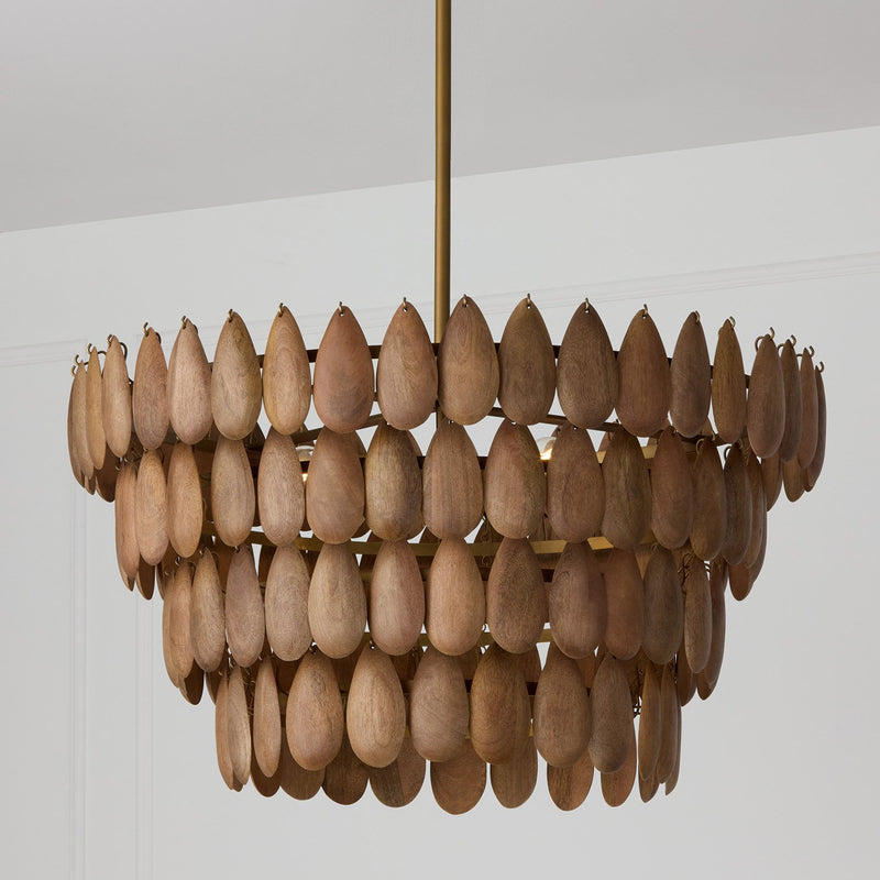 Ravi 4-Light 29" Pendant in Light Wood and Patinaed Brass