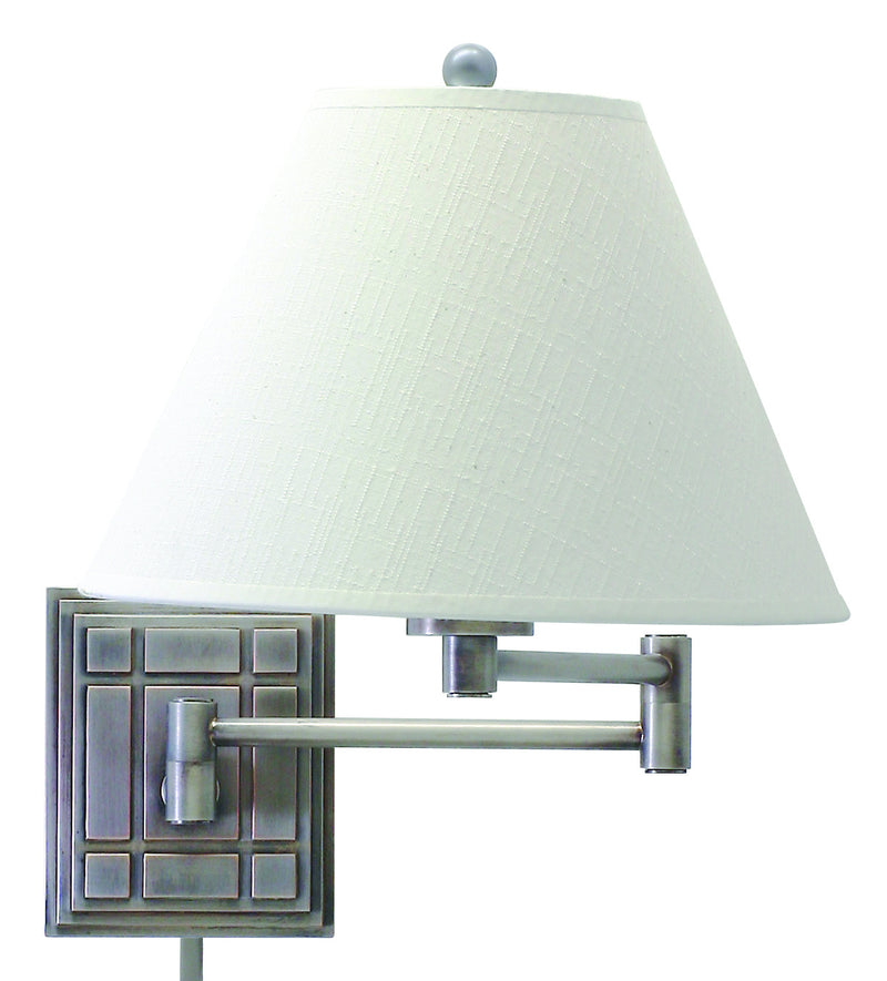 Wall Swing Arm Lamp in Antique Silver with White Linen Hardback
