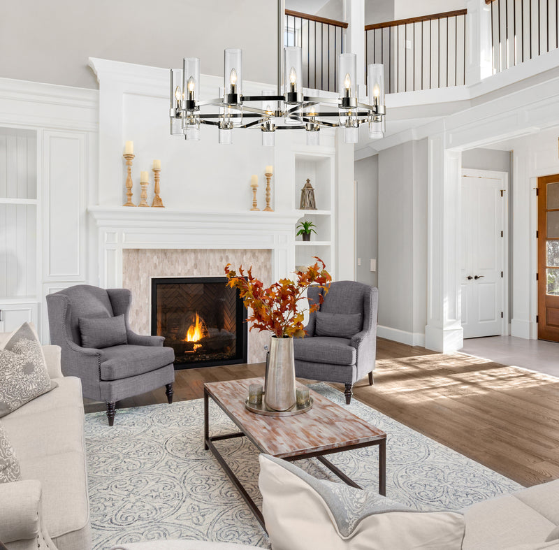 Datus 12 Light 43.5" Chandelier in Polished Nickel in a room setting