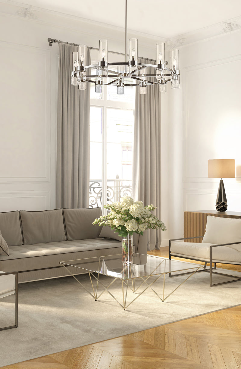 Datus 12 Light 43.5" Chandelier in Polished Nickel in a room setting