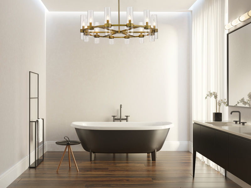 Datus 12 Light 43.5" Chandelier in Rubbed Brass in a room setting