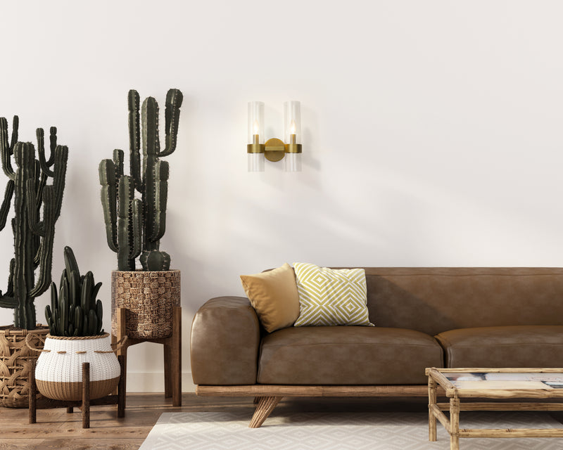 Datus 2 Light 10.25" Wall Sconce in Rubbed Brass in a room setting