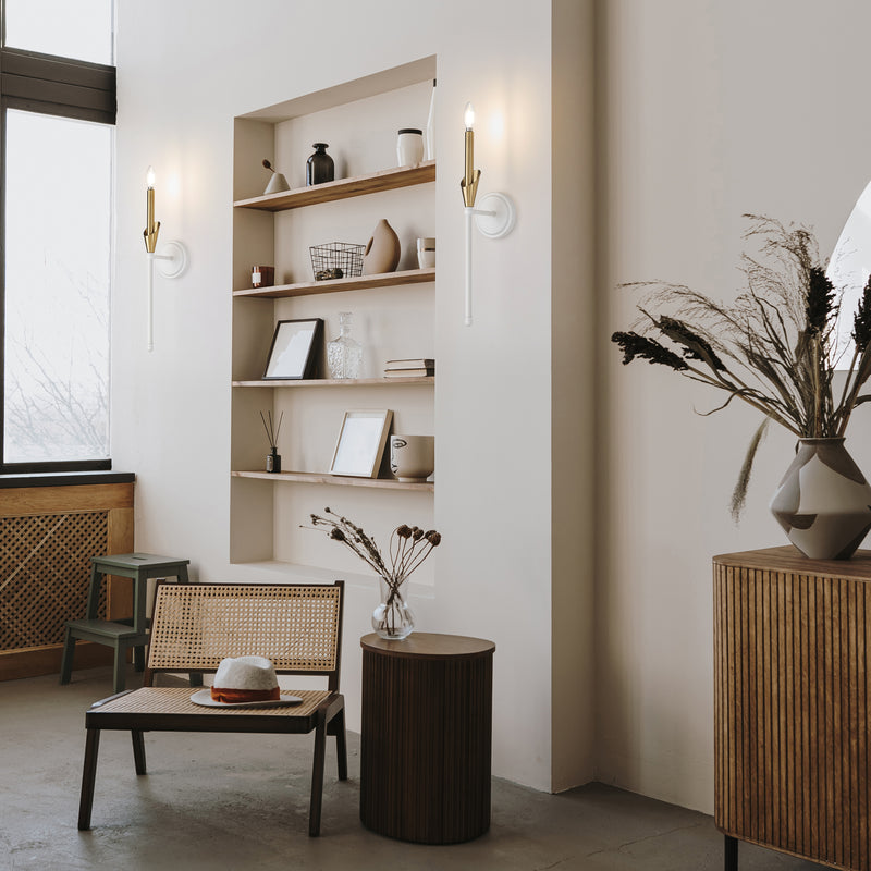 Claudelle 1 Light 5.75" Wall Sconce, 24" Tall in Tundra White + Modern Gold in a room setting
