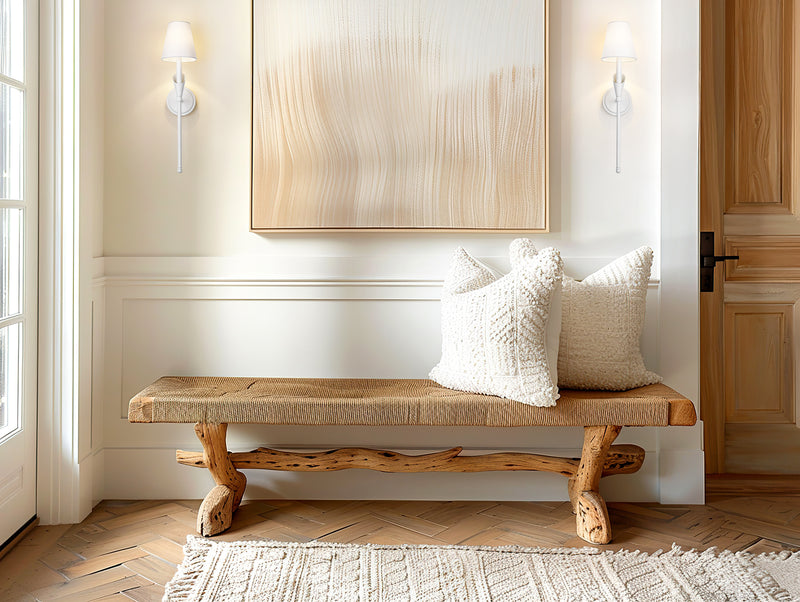 Claudelle 1 Light 5.75" Wall Sconce, 24" Tall in Tundra White in a room setting
