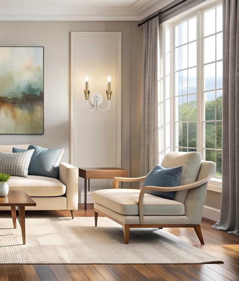 Claudelle 2 Light 13.75" Wall Sconce in Tundra White + Modern Gold in a room setting