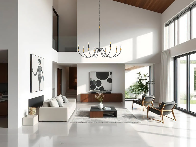 Claudelle 8 Light 65" Chandelier in Matte Black + Modern Gold in a room setting