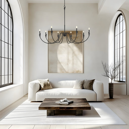 Claudelle 8 Light 65" Chandelier in Matte Black in a room setting