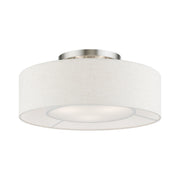 Ellsworth 3-Light Semi-Flush Mount with Oatmeal Shade in Brushed Nickel with Shiny White Accents