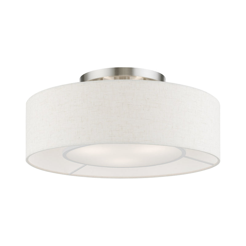 Ellsworth 3-Light Semi-Flush Mount with Oatmeal Shade in Brushed Nickel with Shiny White Accents
